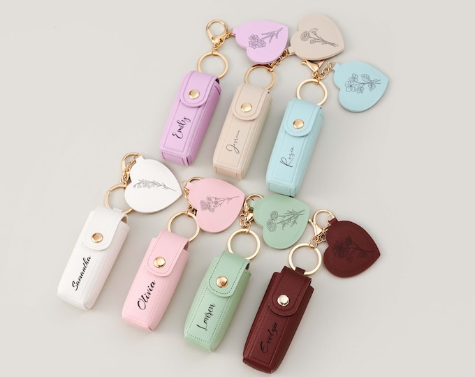 Personalized Lipstick Case Keychain with Mirror, Custom Name Lip Balm Holder, Bridesmaid or Mom Gift, Wedding Favor, 7 Color Options