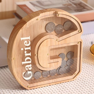 Custom initial Coin Bank, Wooden Name Piggy Bank Personalized Coin Bank Initial Money Box for Boys and Girls, Nursery Gift, Newborn Gift image 6