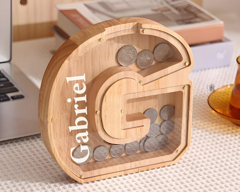 Custom initial Coin Bank, Wooden Name Piggy Bank Personalized Coin Bank Initial Money Box for Boys and Girls, Nursery Gift, Newborn Gift image 6