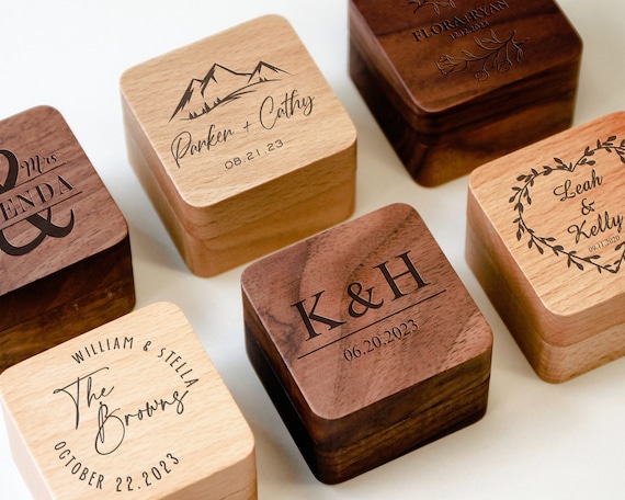 Personalized Wooden Wedding Engagement Ring Box,Custom Engraved Walnut Oak Ring Box,Square Ring Bearer,Anniversary,Proposal Ring Box Holder