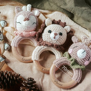 Personalized Animal Crochet Rattle, Custom Baby Shower Gift, Wooden Rattle Ring with Engraved Baby Name, Newborn Gift, Gift for Nephew Niece image 8