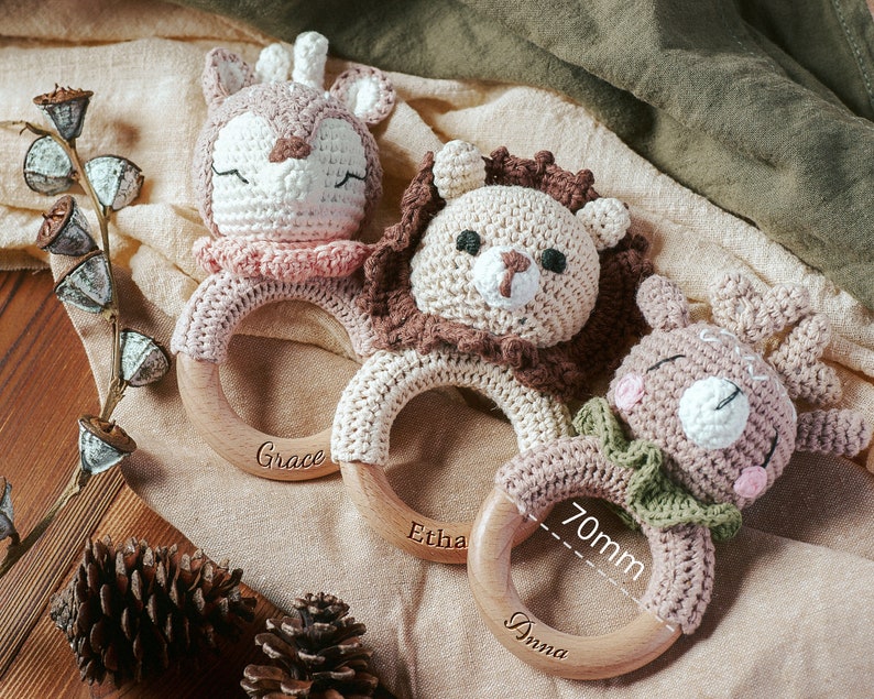 Personalized Animal Crochet Rattle, Custom Baby Shower Gift, Wooden Rattle Ring with Engraved Baby Name, Newborn Gift, Gift for Nephew Niece image 8