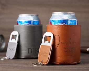 Enfriador de latas grabado para padrinos de boda con abridor de botellas, soporte para cerveza personalizado, regalo de propuesta de padrino personalizado, recuerdos de boda para él