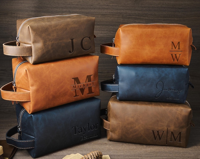 Personalized PU Leather Dopp Kit, Engraved Travel Bag, Custom Toiletry Bag for Men,  Groomsmen Gift, Wedding Gift for Groom, Gift for Him