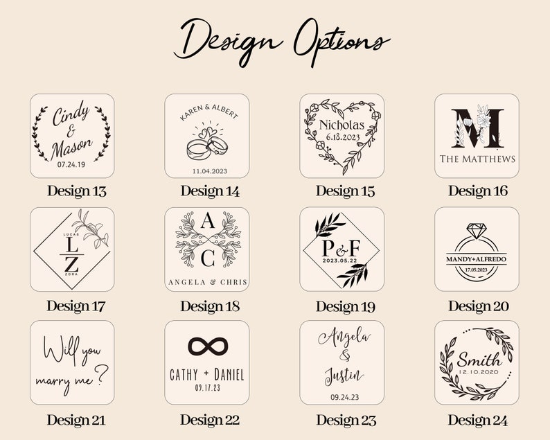 Op de afbeelding: Een grafiek met 24 verschillende ontwerpen voor huwelijksuitnodigingen. De ontwerpen bevatten verschillende stijlen, waaronder bloemkransen, initialen en oneindigheidssymbolen. Elk ontwerp bevat een datum en de namen van het paar.