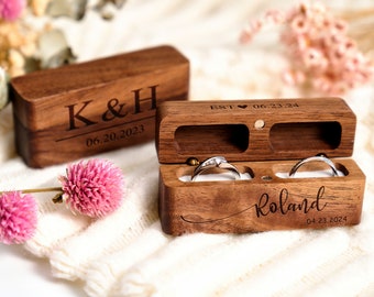 Custom Engraved 2-Slot Ring Box Personalized Wooden Engagement Ring Box Wedding Ring Bearer Anniversary Gift for Couples