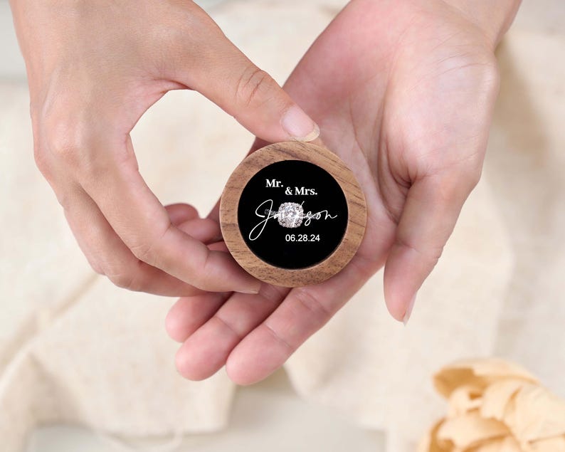 Custom Wooden Wedding Ceremony Round Ring Box, Clear Acrylic Cover, Personalized Engraved Engagement Proposal Holder, Bridal Gift For Her image 9