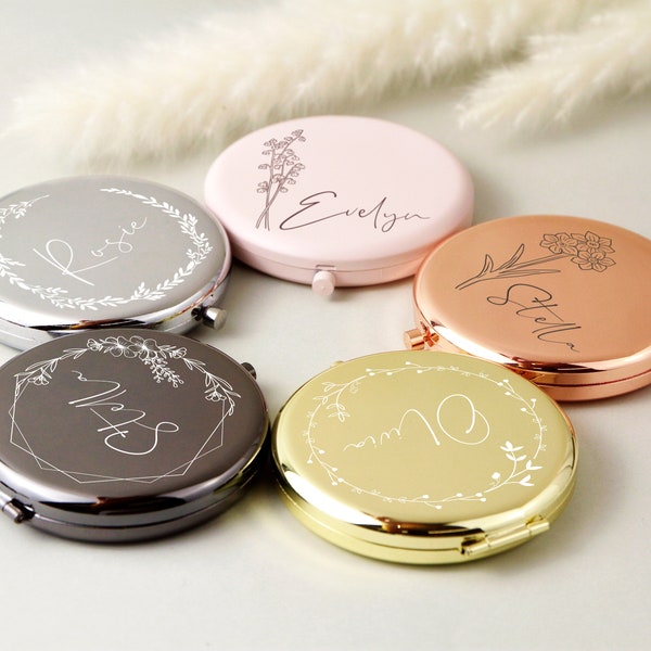 Miroir compact personnalisé, cadeaux pour demande de demoiselle d'honneur et anniversaire d'une meilleure amie, cadeau personnalisé pour femme, miroir de poche fleur de naissance pour elle