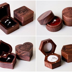 Boîte à bagues de mariage et de fiançailles en bois personnalisée, porte-anneaux personnalisé hexagonal rond coeur carré gravé, anniversaire, support de boîte d'anneaux pour proposition image 6