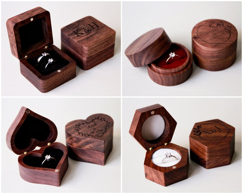 Boîte à bagues de mariage et de fiançailles en bois personnalisée, porte-anneaux personnalisé hexagonal rond coeur carré gravé, anniversaire, support de boîte d'anneaux pour proposition image 6