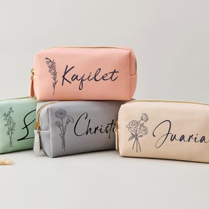 Benutzerdefinierte Leder Make-up Beutel - Monogramm Kosmetiktasche - Geburtsstein & Initialen Geschenk für Brautjungfern - Brautparty Danke Geschenke