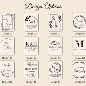 May include: Twelve different wedding invitation designs with various fonts, floral elements, and date formats. The designs include names, initials, and wedding dates.