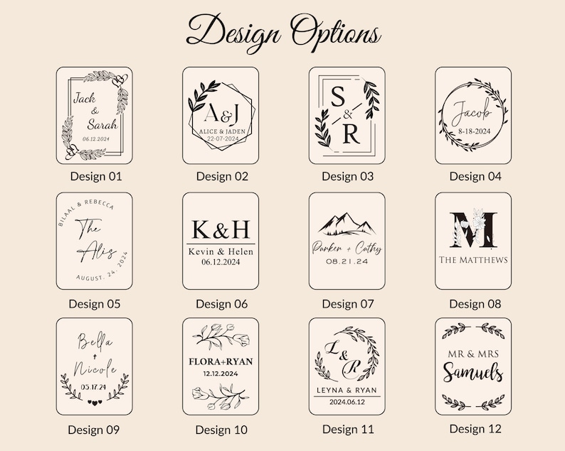May include: Twelve different wedding invitation designs with various fonts, floral elements, and date formats. The designs include names, initials, and wedding dates.