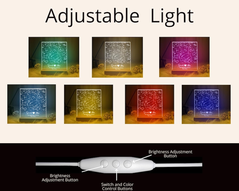 Puede incluir: Luz ajustable con un dise&ntilde;o de constelaci&oacute;n. La luz viene con un control remoto con botones para ajustar el brillo, seleccionar el color y encender/apagar.