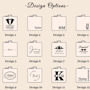 May include: Twelve different designs for personalized flask labels. Each design features a different name, date, and/or title. The designs are in black and white.