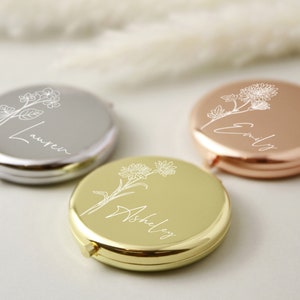 Miroir compact personnalisé, cadeaux pour demande de demoiselle d'honneur et anniversaire d'une meilleure amie, cadeau personnalisé pour femme, miroir de poche fleur de naissance pour elle image 3