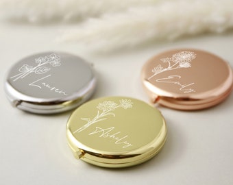 Personalized Compact Mirror,Gifts for Bridesmaid Proposal & Best Friend's Birthday,Custom Gift for Women,Birth Flower Pocket Mirror for Her