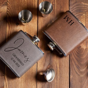 Personalized Leather Hip Flask + Cups Set, Custom Name Engraved Best Man Gift, Unique Groomsmen Proposal Gifts for Wedding & Bachelor Party