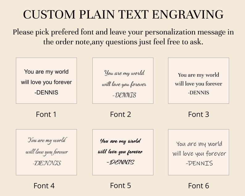Op de afbeelding: Zes verschillende lettertypen voor tekstgravure. De tekst luidt "You are my world will love you forever -DENNIS".
