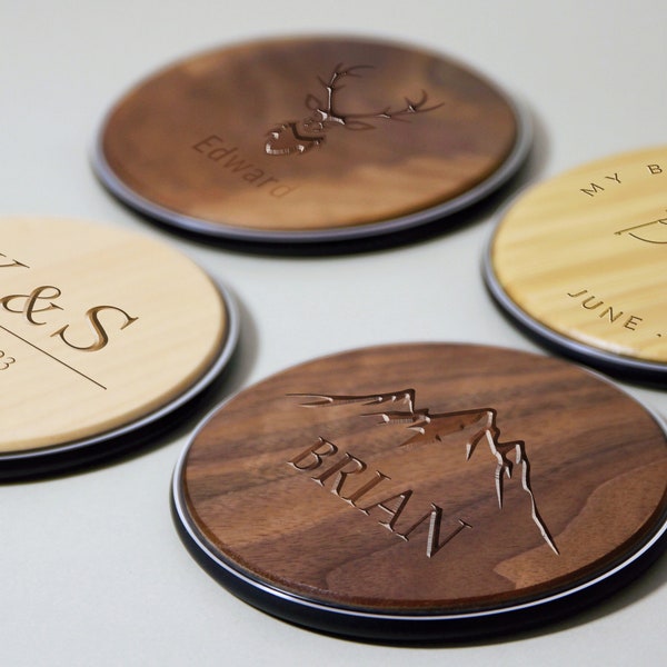 Personalized Name & Logo Wooden Wireless Charger Station,Custom Phone Pad 15W Portable Fast Charging,Corporate Employee Coworkers Gift