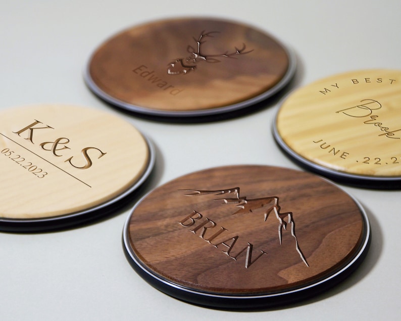 Four wooden wireless charging pads