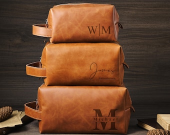 Laser Engraved Leather Travel Bag, Custom Men's Toiletry Organizer, Personalized Gift for Him, Graduation & Anniversary Present