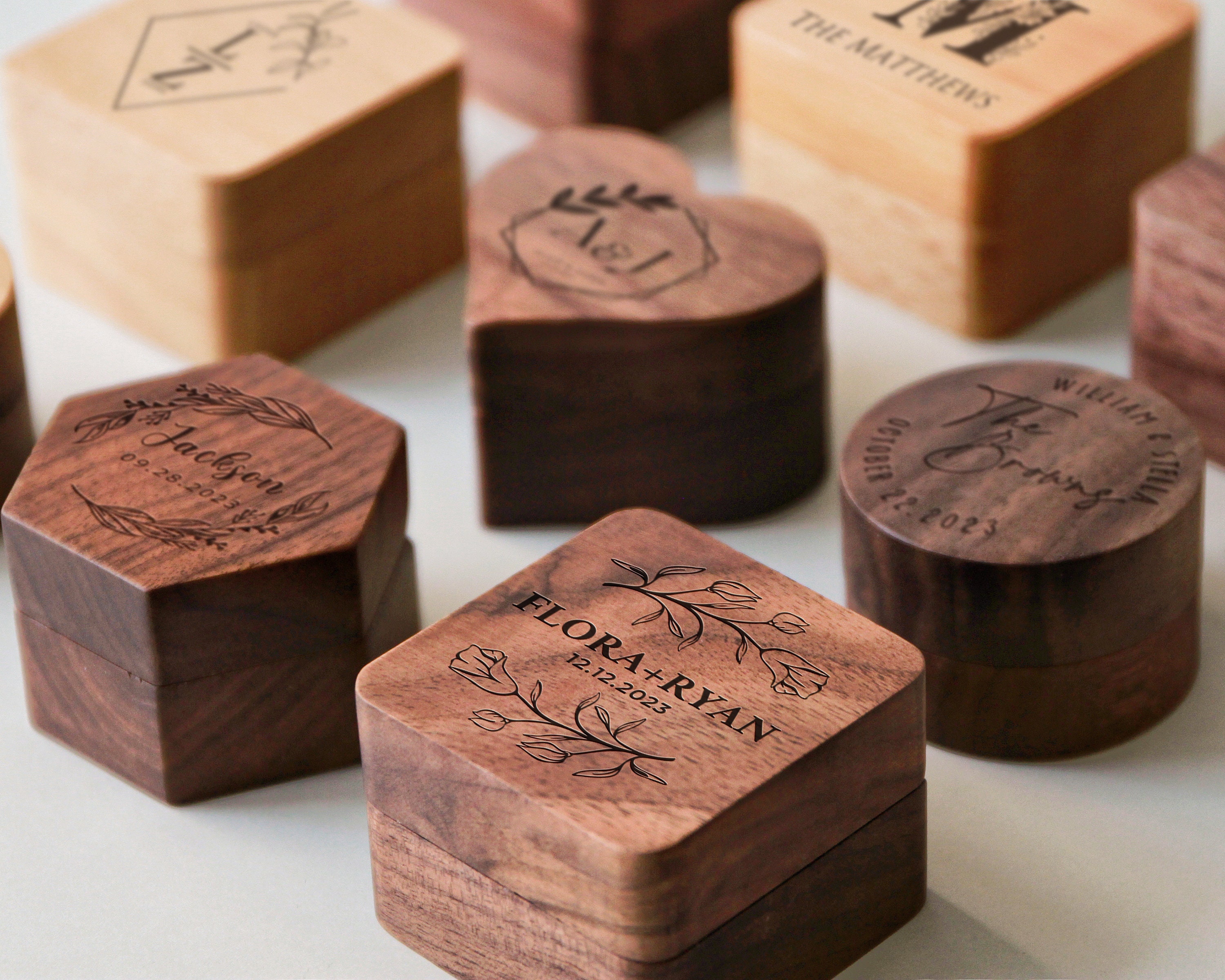 Custom Wood Wedding & Engagement Ring Box,Personalized Engraved Square Round Heart Hexagon Ring Bearer,Anniversary,Proposal Ring Box Holder