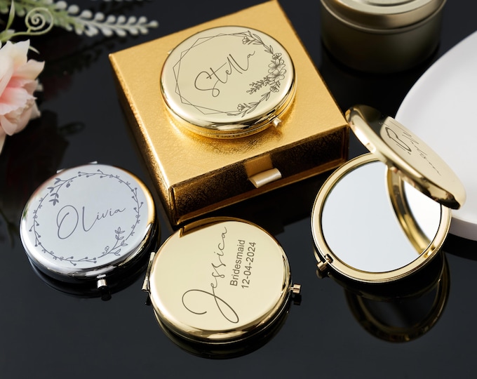 Custom Pocket Mirror with Engraved Name, Personalized Bridesmaid Makeup Mirror, Gift Box Included, Bridal Shower, Wedding Keepsake,Prom Gift