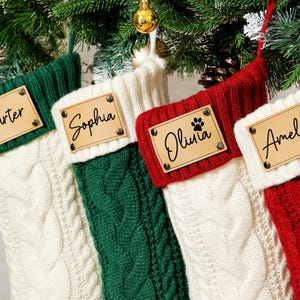 Può includere: Quattro calze di Natale a trecce verdi, bianche e rosse, ciascuna con un'etichetta nominativa personalizzata in pelle. I nomi sono Carter, Sophia, Olivia e Amelia. Un'impronta di zampa è sulla calza di Olivia.