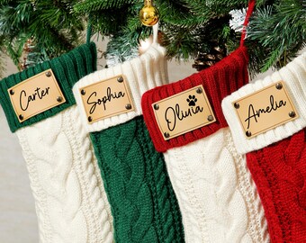 Personalized Christmas Stockings with Engraved Leather Patch, Custom Name Knit Stockings, Holiday Mantel Decorations