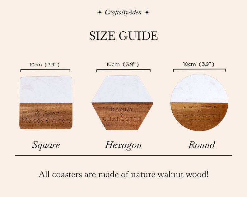 May include: Size guide for square, hexagon, and round coasters made of walnut wood. Each coaster measures 3.9 inches (10 cm) in diameter. The coasters feature a white marble top and a walnut wood base.