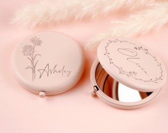 Miroir de poche rose personnalisé, cadeaux pour proposition de demoiselle d'honneur, anniversaire d'un ami, cadeau personnalisé pour petite amie, miroir compact fleur de naissance