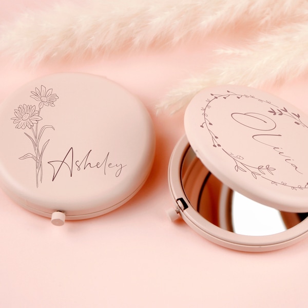 Specchio tascabile rosa personalizzato, regali per la proposta di damigella d'onore, compleanno di un amico, regalo personalizzato per amica, specchio compatto con fiore di nascita