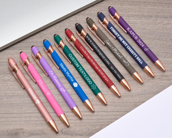 Personalized Ballpoint Pens Bulk – Free Name Engraving, 18 Colors, Retractable, Stylus Tip, Metal Body