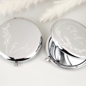 Miroir de poche argenté personnalisé, cadeaux pour proposition de demoiselle d'honneur, anniversaire d'un ami, cadeau personnalisé pour petite amie, miroir compact fleur de naissance image 1