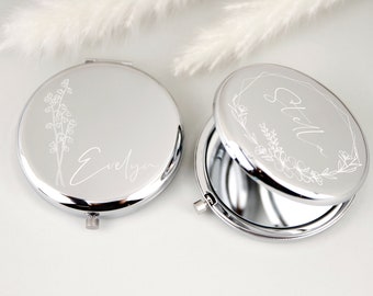 Miroir de poche argenté personnalisé, cadeaux pour proposition de demoiselle d'honneur, anniversaire d'un ami, cadeau personnalisé pour petite amie, miroir compact fleur de naissance