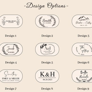 May include: Nine different wedding stamp designs with various fonts, floral and mountain illustrations, and text including names and dates.