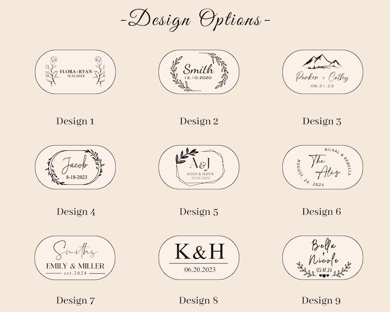 May include: Nine different wedding stamp designs with various fonts, floral and mountain illustrations, and text including names and dates.