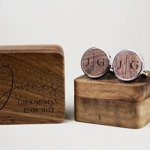 Gepersonaliseerde manchetknopendoos met aangepast ontwerp, houten manchetknopen voor getuige, stalknecht cadeau in bruiloft, huwelijkscadeau