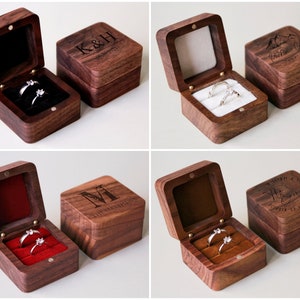 Personalized Wooden Wedding Engagement Ring Box,Custom Engraved Walnut Oak Ring Box,Square Ring Bearer,Anniversary,Proposal Ring Box Holder image 6