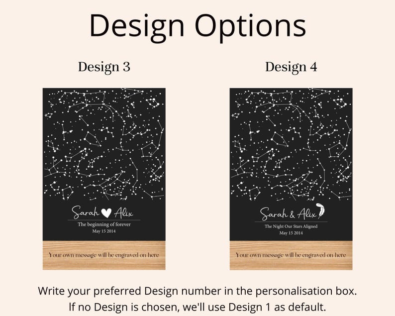 Puede incluir: Dos opciones de dise&ntilde;o para una impresi&oacute;n personalizada de mapa de estrellas. El dise&ntilde;o 3 presenta un fondo negro con estrellas blancas y el texto "Sarah & Alix, El comienzo de siempre, 15 de mayo de 2014". El dise&ntilde;o 4 presenta un fondo negro con estrellas blancas y el texto "Sarah & Alix, La noche en que nuestras estrellas se alinearon, 15 de mayo de 2014".