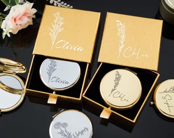 Engraved Personalized Pocket Mirror, Custom Bridesmaid Gift, Makeup Mirror with Gift Box, Bridal Shower or Wedding Keepsake, Gift for Her
