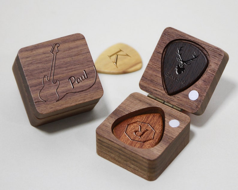 Custom Wooden Guitar Picks Box,Personalized Guitar Pick Box Storage,Wood Guitar Plectrum Organizer Music,Gift for Guitarist Musician image 1