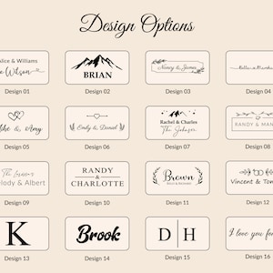 May include: A graphic showing 16 different design options for a personalized wooden sign. The designs include mountains, hearts, names, and initials. The text "Design Options" is at the top of the graphic.