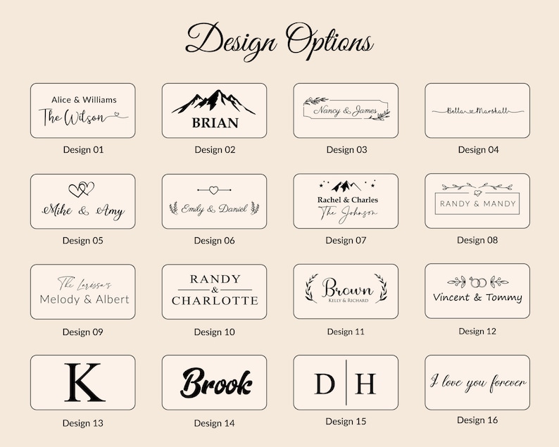 May include: A graphic showing 16 different design options for a personalized wooden sign. The designs include mountains, hearts, names, and initials. The text "Design Options" is at the top of the graphic.