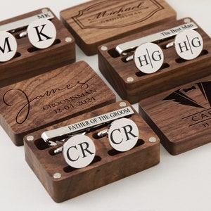 Zilveren manchetknopen dasspelddoos voor bruidsjonkers, manchetknopen dasspelddoos met naam, monogram bruiloftaccessoires voor getuige, vader, bodes