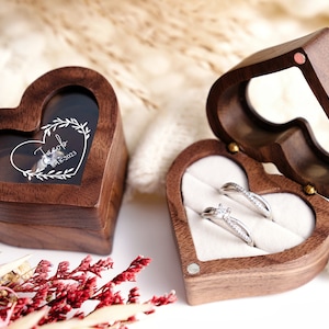 Gepersonaliseerde houten ringdoos met acryldeksel, gegraveerde verlovingsringhouder, hart ringhouder voor jubileum, aangepaste bruiloft aandenken