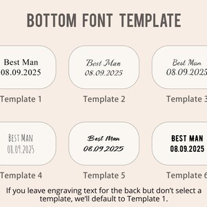 K&ouml;nnte beinhalten: Bild mit sechs Schriftartvorlagen f&uuml;r Gravuren. Jede Vorlage zeigt "Best Man" und das Datum "08.09.2025" in verschiedenen Schriftarten. Der Text "BOTTOM FONT TEMPLATE" steht oben, mit Anweisungen unten.