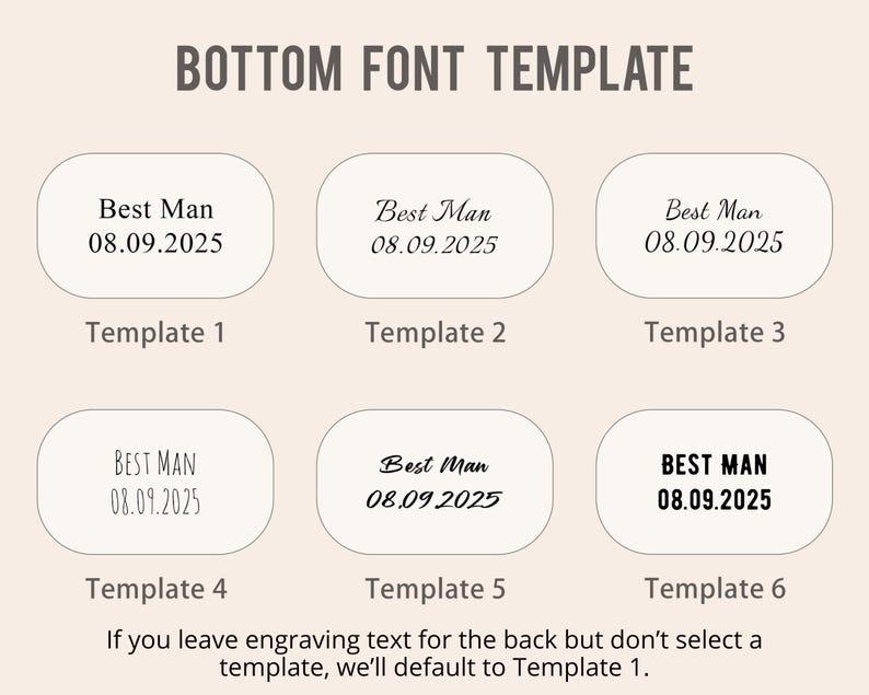 K&ouml;nnte beinhalten: Bild mit sechs Schriftartvorlagen f&uuml;r Gravuren. Jede Vorlage zeigt "Best Man" und das Datum "08.09.2025" in verschiedenen Schriftarten. Der Text "BOTTOM FONT TEMPLATE" steht oben, mit Anweisungen unten.