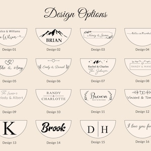 May include: A graphic showing 16 different design options for a personalized wooden bowl. The designs include names, initials, mountains, hearts, and other decorative elements.